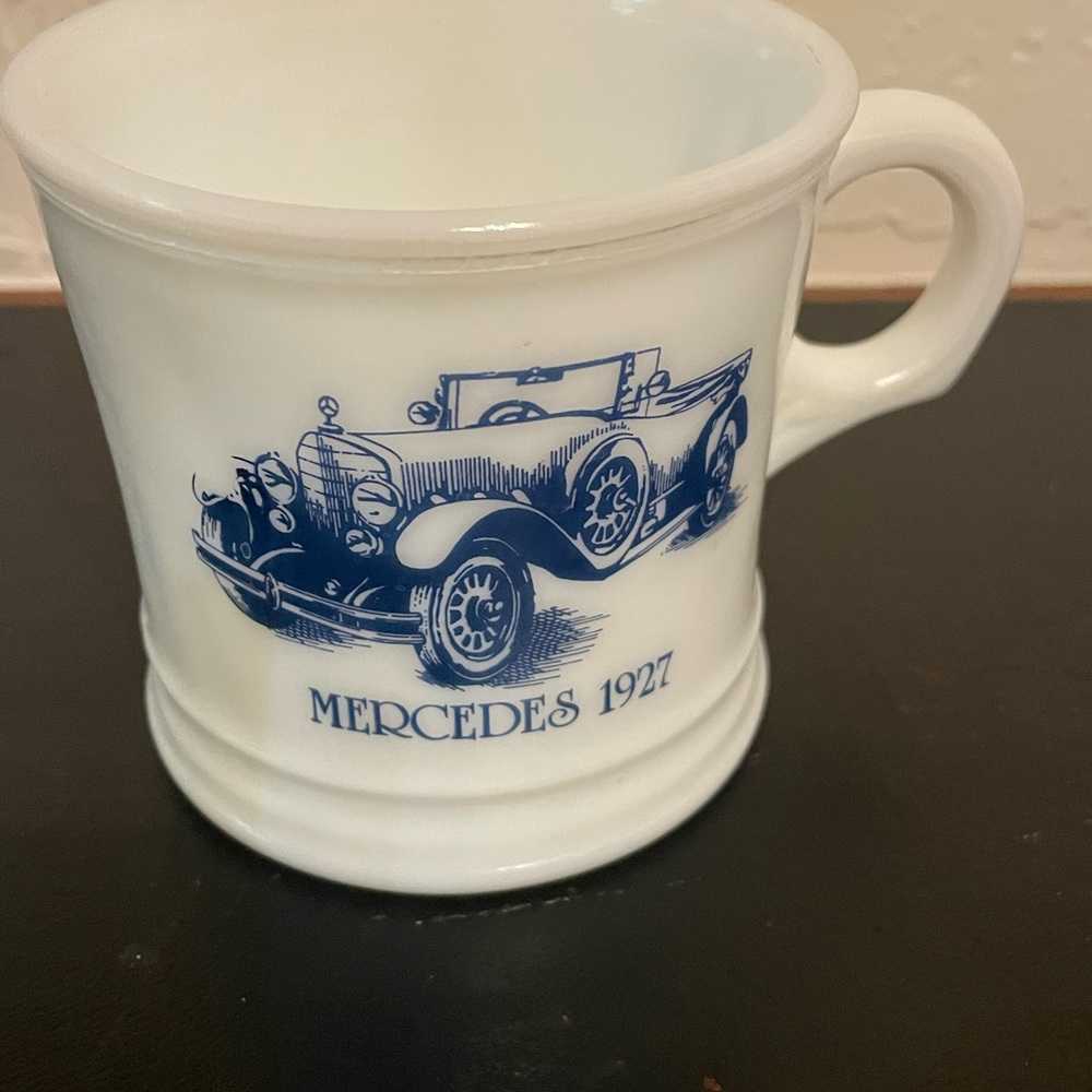 Vintage Mercedes Car Milk Glass Coffee Cup/ Shave Mug Surrey Made in USA 3.25"